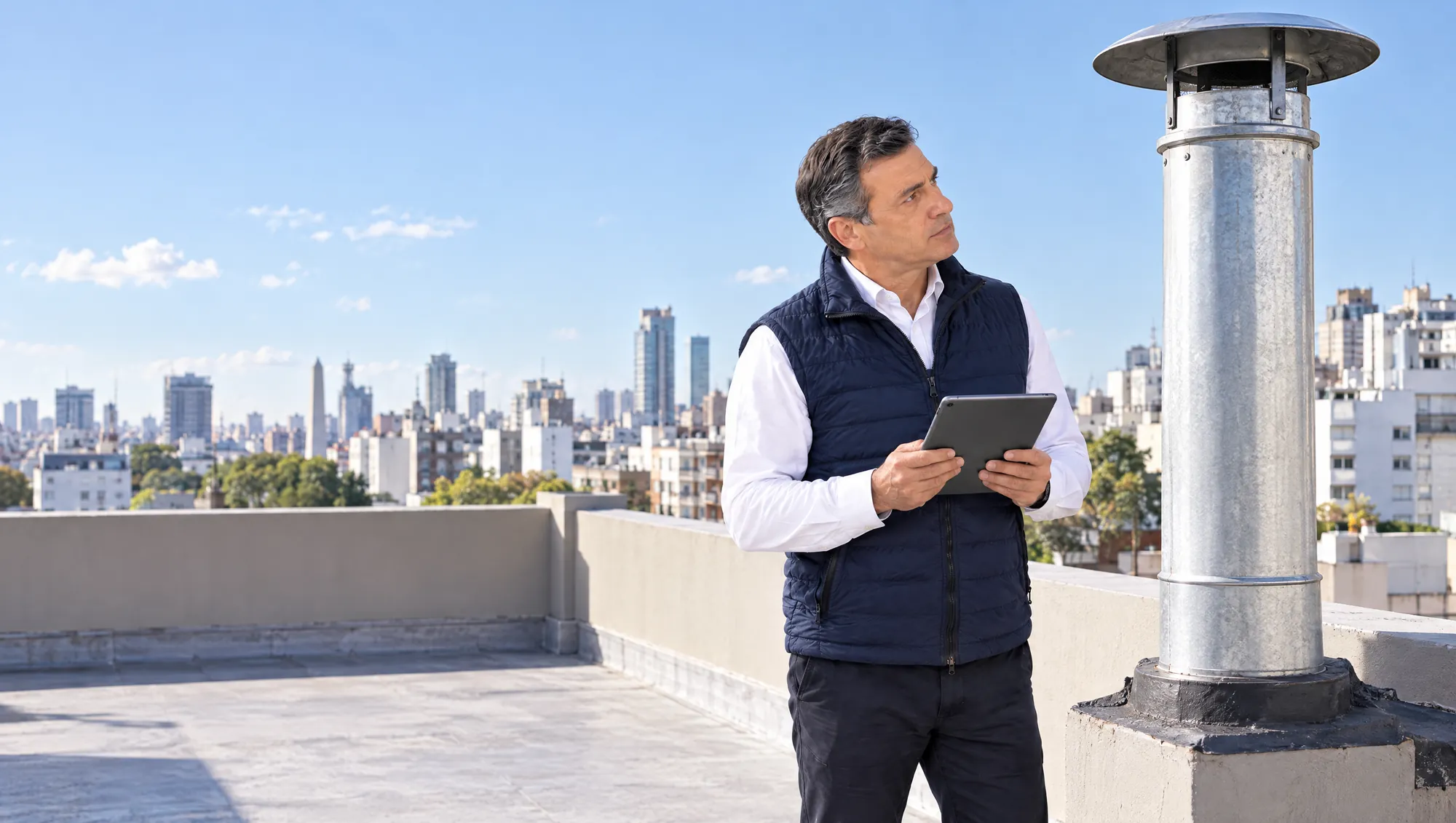 El Ingeniero de Estudio TREO mira el conducto de salida de humos de la caldera en la terraza de un edificio, con la tablet en las manos