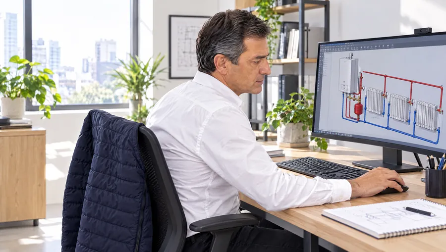 El Ingeniero de Estudio TREO dibuja en CAD el esquema de una instalación de calefacción por radiadores, en el monitor de su escritorio